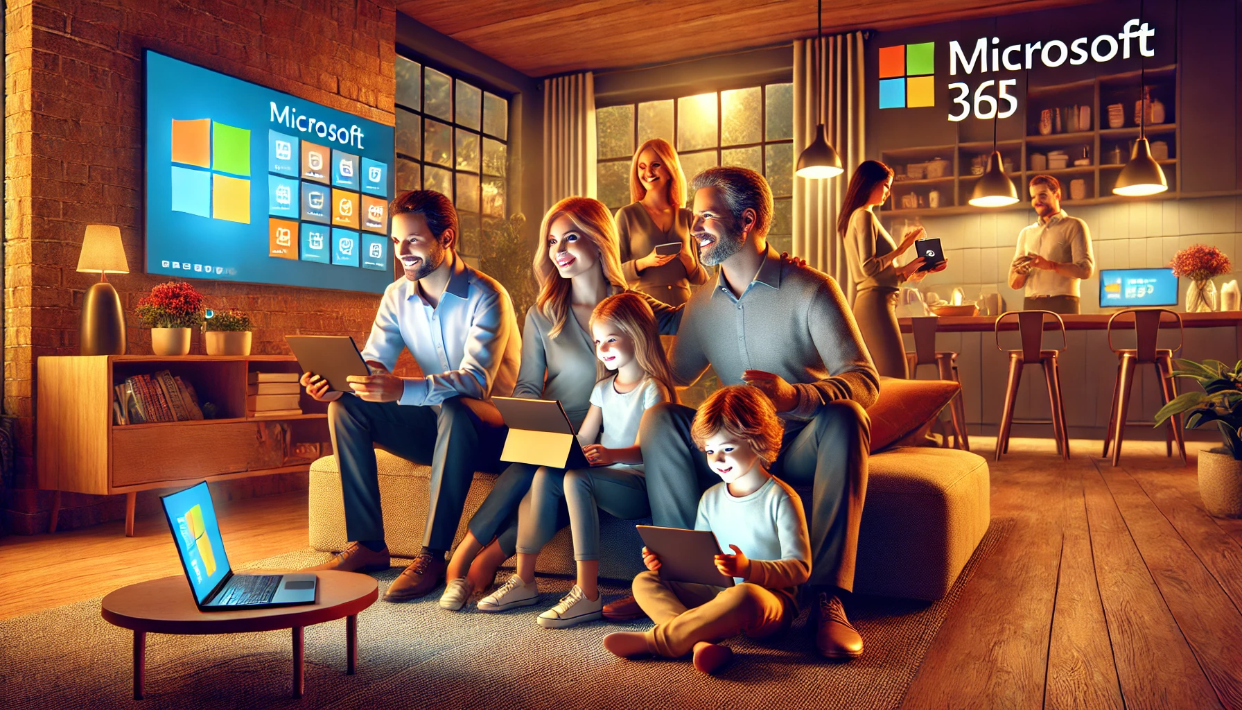 Familia utilizando Microsoft 365 en sus dispositivos