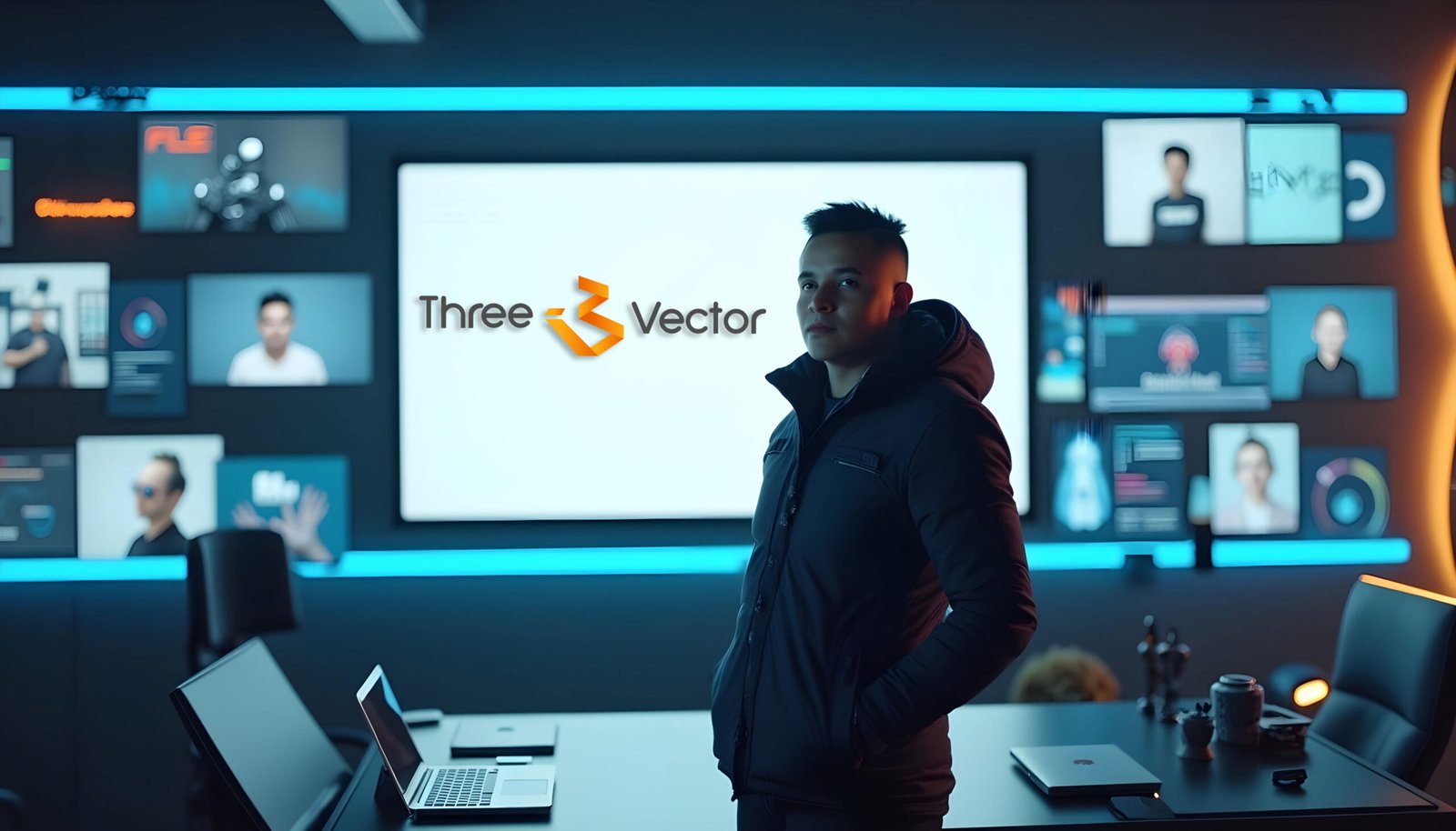 Fundador ThreeVector - Adrián Hernández en oficina tecnológica moderna